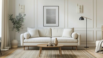 Cozy scandinavian living room interior with round coffee table, beige rug, and classic paneling, creating a warm ambiance