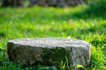 Fototapeta premium Stone product placement podium in green grass landscape with copy space