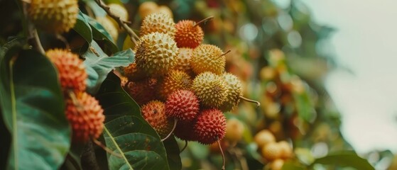   A tree brimming with numerous fruits stands adjacent to a forest abundant in vibrant green and yellow foliage