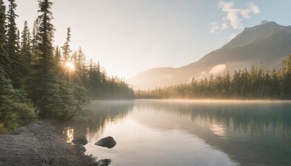 misty serene forest by an emerald lake in canada - obrazy, fototapety, plakaty