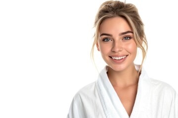 Stunning smiling blonde in white robe spa - obrazy, fototapety, plakaty