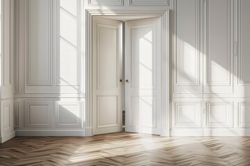 Naklejka premium Open doorway inviting with natural light casting shadows on a classic herringbone floor