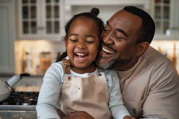 A man and a little girl are smiling and hugging each other in a kitchen - obrazy, fototapety, plakaty