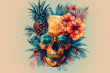 The summer a design of the skull, which like a drinking glass wearing glasses with flowers and pineapples, and visually appealing.