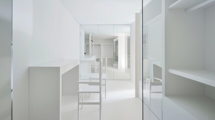 view of the photo of a dressing room in white tones with minimalist furniture and accessories, creating cleanliness and tranquility --no text, titles, hand, shoes --ar 16:9 --quality 0.5 --stylize 0