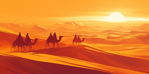 Caravan of camels traversing the golden desert at sunset