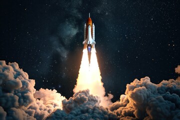 The rocket takes off upwards leaving clouds of smoke underneath, isolated on dark background with copy space - obrazy, fototapety, plakaty