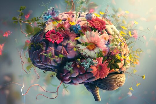 The human brain with spring colorful flowers. Concept, a colorful icon of the human brain. Abstract wallpaper