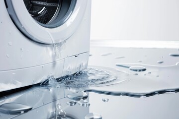The washing machine is broken and leaking, a puddle under the washing machine on a white background - obrazy, fototapety, plakaty
