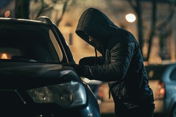 thief wearing a hoodie and dark clothes breaking into a parked car to steal it - obrazy, fototapety, plakaty