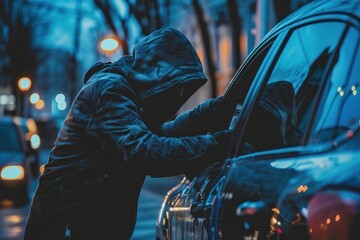 thief wearing a hoodie and dark clothes breaking into a parked car to steal it - Powered by Adobe
