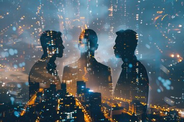 Three headless successful european males silhouettes with devices standing on abstract night city background - obrazy, fototapety, plakaty