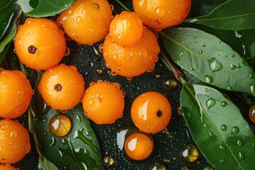 Top view closeup of fresh orange buckthorn with leaves in drops of juice - obrazy, fototapety, plakaty