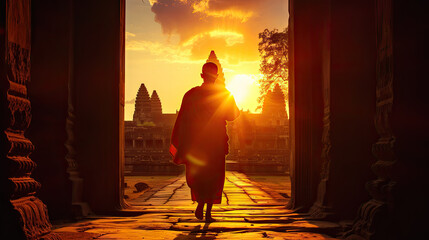 Fototapeta premium Monk Silhouetted at Sunset Entering Bakong Temple, Roluos Group, Angkor Park, Siem Reap, Cambodia