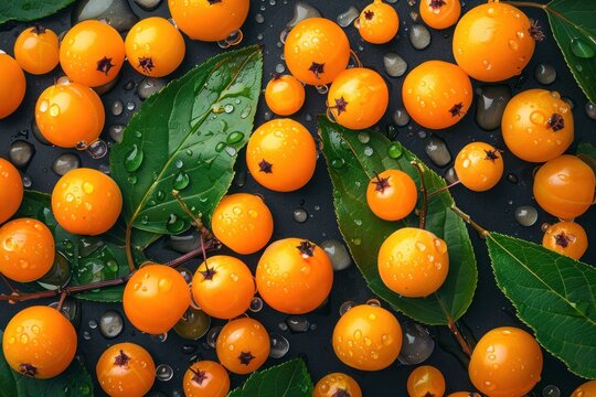 Top view closeup of fresh orange buckthorn with leaves in drops of juice