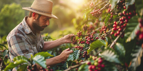 farmer collects arabica coffee beans on coffee tree - obrazy, fototapety, plakaty