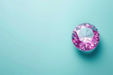 Top view of one beautiful brilliant gemstone with facets isolated on a flat pastel blue background with copy space