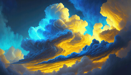 Beautiful fluffy clouds in neon blue and yellow colors. Abstract art. Fantasy background. - obrazy, fototapety, plakaty