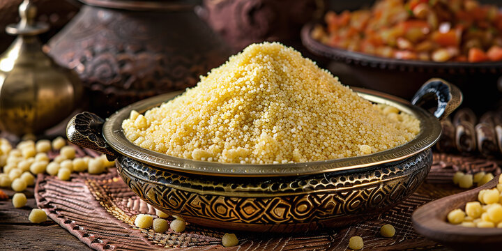 Couscous is a Maghrebi dish of small steamed balls of crushed durum wheat semolina, usually served with a stew spooned,vegetables at family gatherings