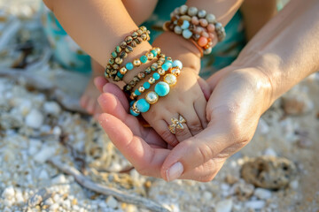 A woman is holding a child's hand and showing off a collection of bracelets - obrazy, fototapety, plakaty