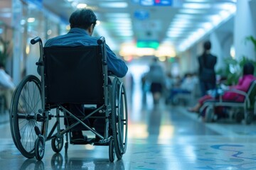 wheelchair in hospital with people traffic hall background - obrazy, fototapety, plakaty