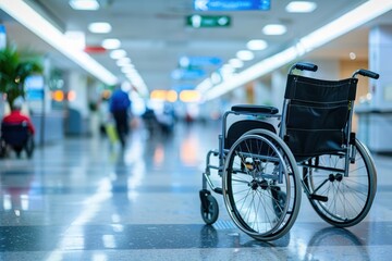 wheelchair in hospital with people traffic hall background - obrazy, fototapety, plakaty