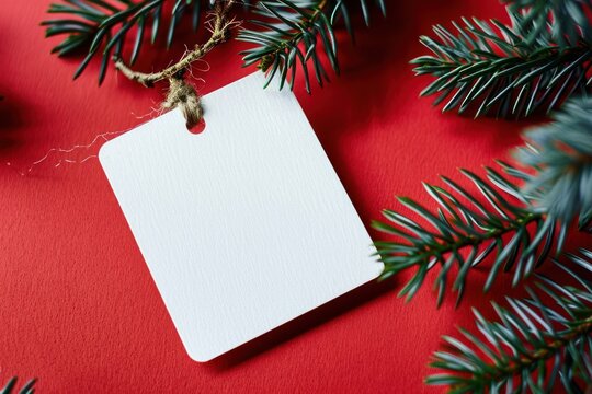 White blank price tag on red background with Christmas tree branch. Copy space