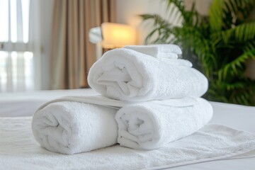 Fototapeta na wymiar White fresh towels on bed in hotel room. Creative banner for hotel service
