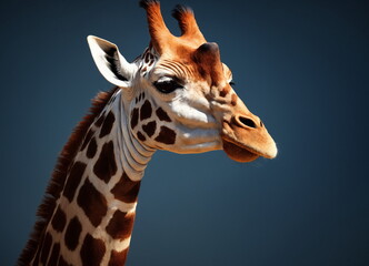 Giraffe with a brown mane and a white stripe on its neck. Giraffe isolated on blue background. Close-up portrait.