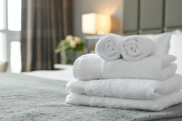 White fresh towels on bed in hotel room. Creative banner for hotel service