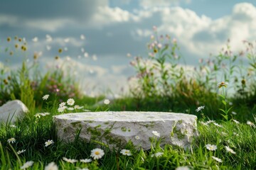 White stone podium on green meadow with grass and flowers ready for product placement, freshness - obrazy, fototapety, plakaty