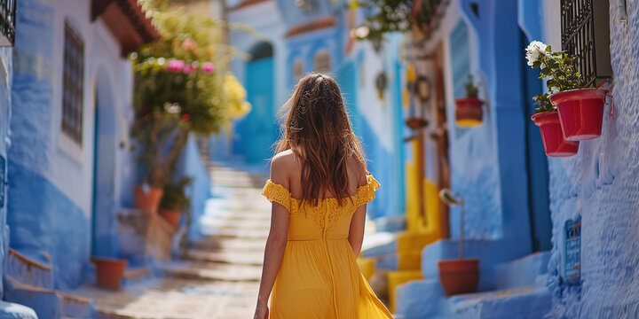 Colorful traveling by Morocco. Young woman in yellow dress walking in medina of blue city Chefchaouen
