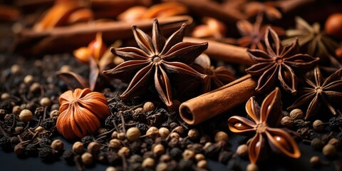 Aromatic Fusion: Close-up of Star Anise Among Other Seasonings, A Visual Symphony of Culinary Spices, Ready to Elevate Any Dish.