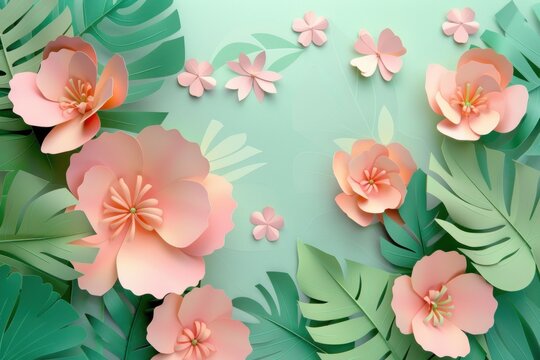 Women's day, paper art with flowers blooming pastel green leaves background