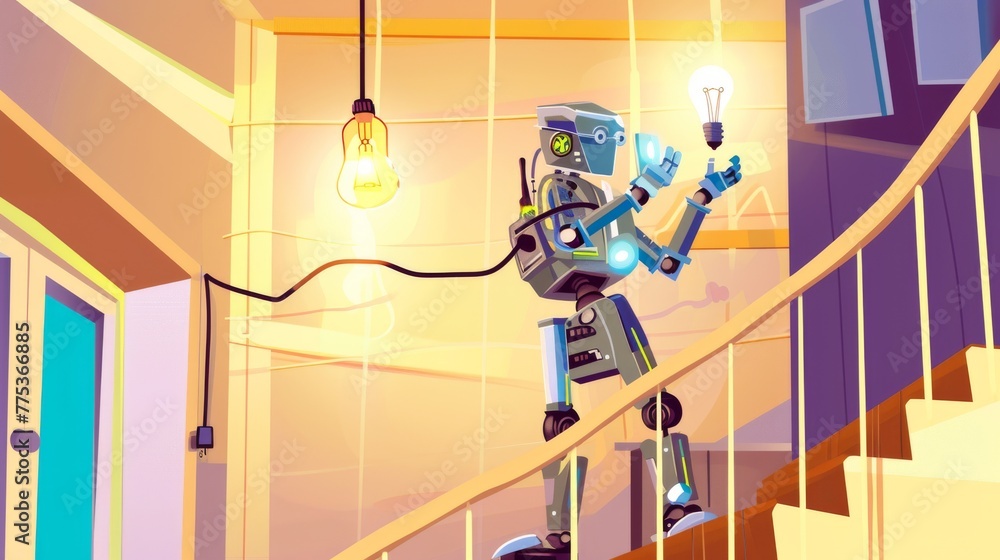 Poster illustration of a robot performing the function of replacing and installing light bulbs in a house -