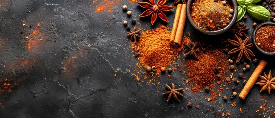   An array of spices and herbs set against a black backdrop, featuring space for text or branding above - obrazy, fototapety, plakaty