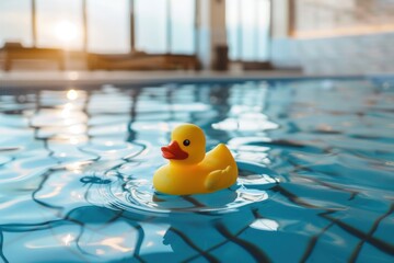 yellow rubber duck floating in an indoor pool - obrazy, fototapety, plakaty