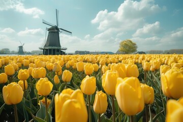 yellow tulips fields and windmill - obrazy, fototapety, plakaty