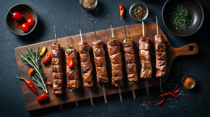 Appetizing Turkish shish kebab served with cherry tomato, chili pepper and various spice. Ketogenic...