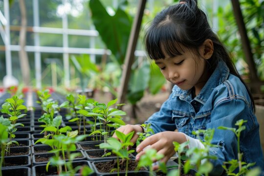 Young girl planting seedlings in greenhouse, greenhouse gardening concept