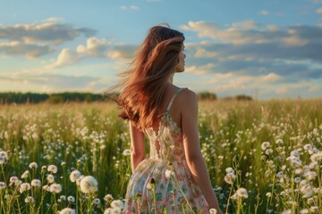 Young woman in color dress enjoying the freshness of the green meadow