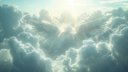 wings in the clouds. Angel wings in the white sky, rays of light, God's light, clear background wallpaper screensaver - obrazy, fototapety, plakaty