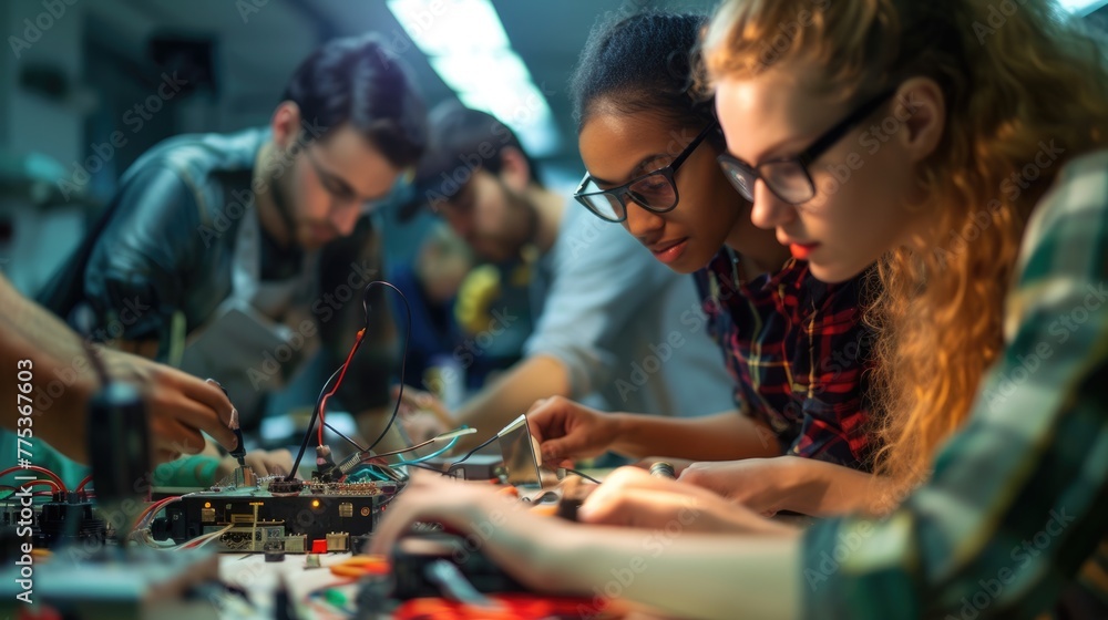 Wall mural young engineering students collaborate on an electronics project in a technology lab, soldering circ