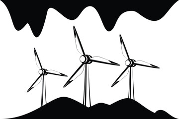 Line art drawing of wind turbines with abstract mountains and sky in black and white. Illustration of the concept of sustainable energy, renewal power supply and green electricity production