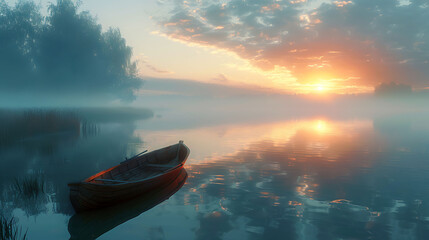 Foggy sunrise, misty lake, lone rowboat with mysterious reflection - obrazy, fototapety, plakaty