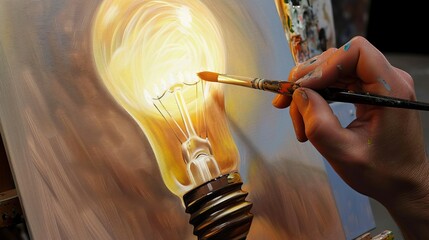 An artist paints a picture of a bright light bulb --no text, titles --ar 16:9 --quality 0.5 --stylize 0 Job ID: a3b6aef7-85a8-4f67-9b03-04b948ada8af