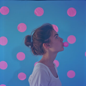 Girl with a bubble gum balloon in her mouth against a background with polka dots.Minimal creative photo editorial concept