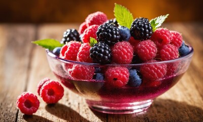 A bowl of mixed berries on a wooden table, natural foods