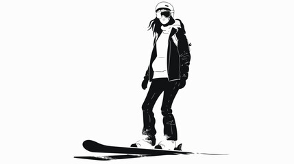 Woman with snowboard in black and white flat cartoo