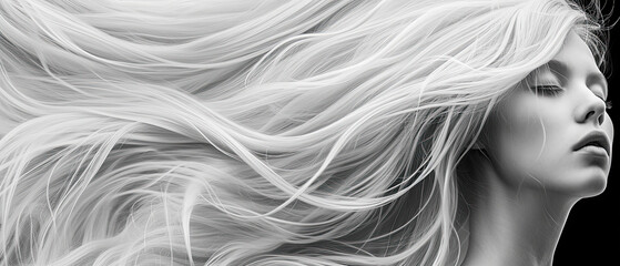 abstract black and white portrait of a woman with long blond hair flowing  back 